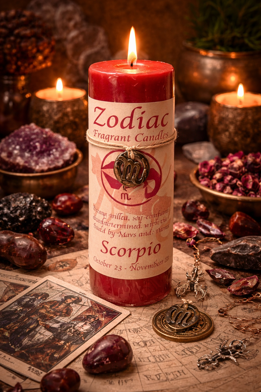 Zodiac candle labeled 'Scorpio' surrounded by tarot cards, crystals, and dried fruits on a mystical background.