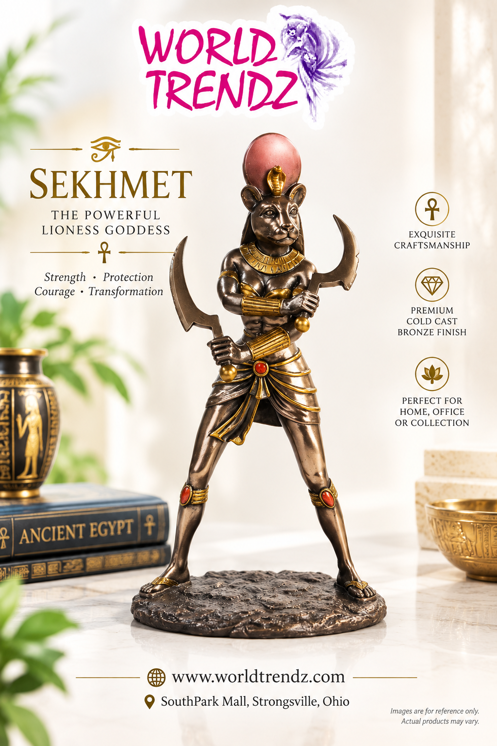 A bronze-finished Sekhmet figurine of the Egyptian goddess, depicted as a lion-headed warrior holding a scythe and crocodile, standing on a textured base. The figurine is presented on a light background with decorative props like an ancient Egyptian book and a gold bowl, framed by promotional text and the 'World Trendz' logo.