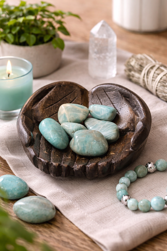 Turquoise stones in a wooden dish with a candle, crystal, and bracelet on a wooden surface.