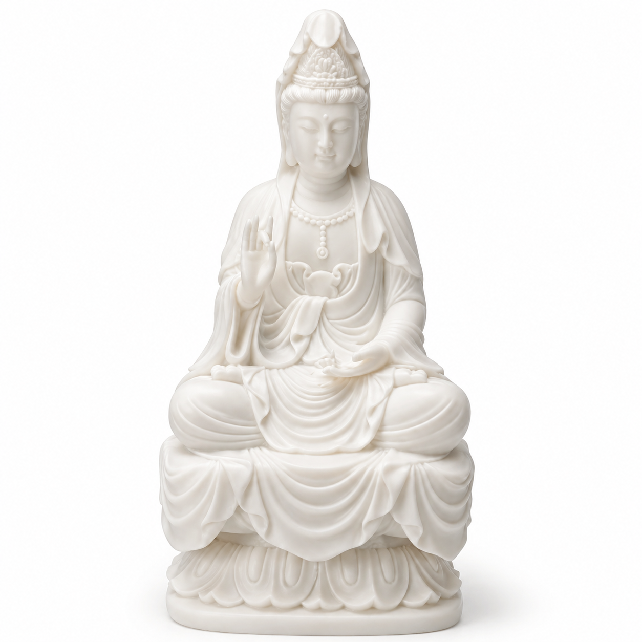 White ceramic statue of Kuanyin on a white background