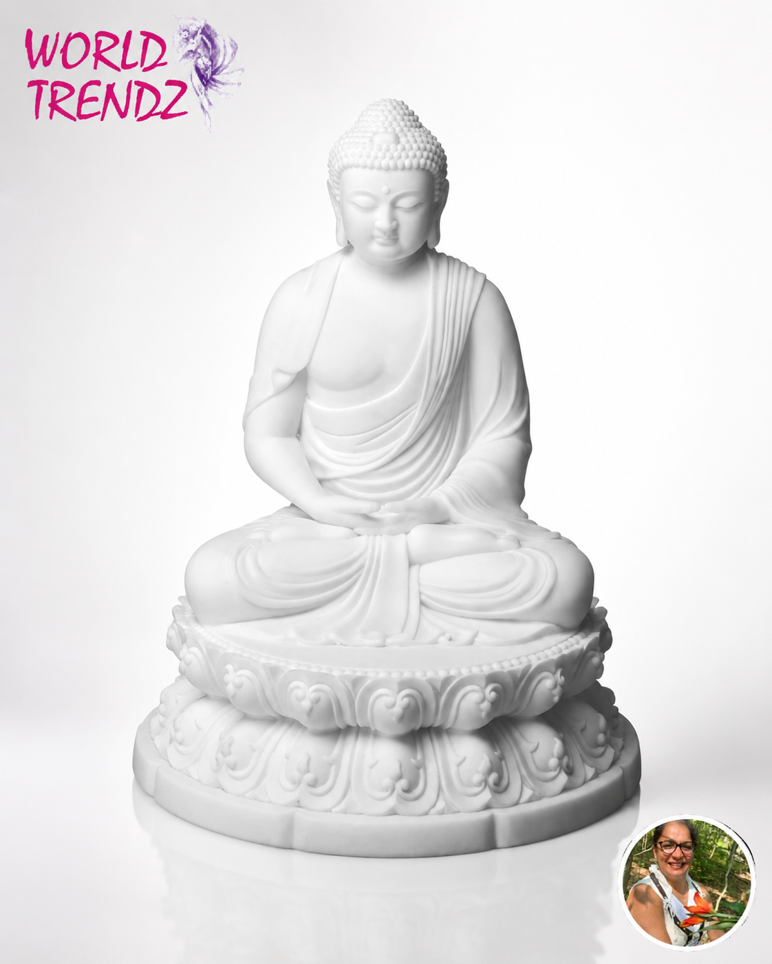A white seated Buddha statue on an ornate lotus-style base, photographed against a clean white background. A pink 'WORLD TRENDZ' logo appears in the top-left corner, and a small circular inset photo of a person is in the bottom-right corner.