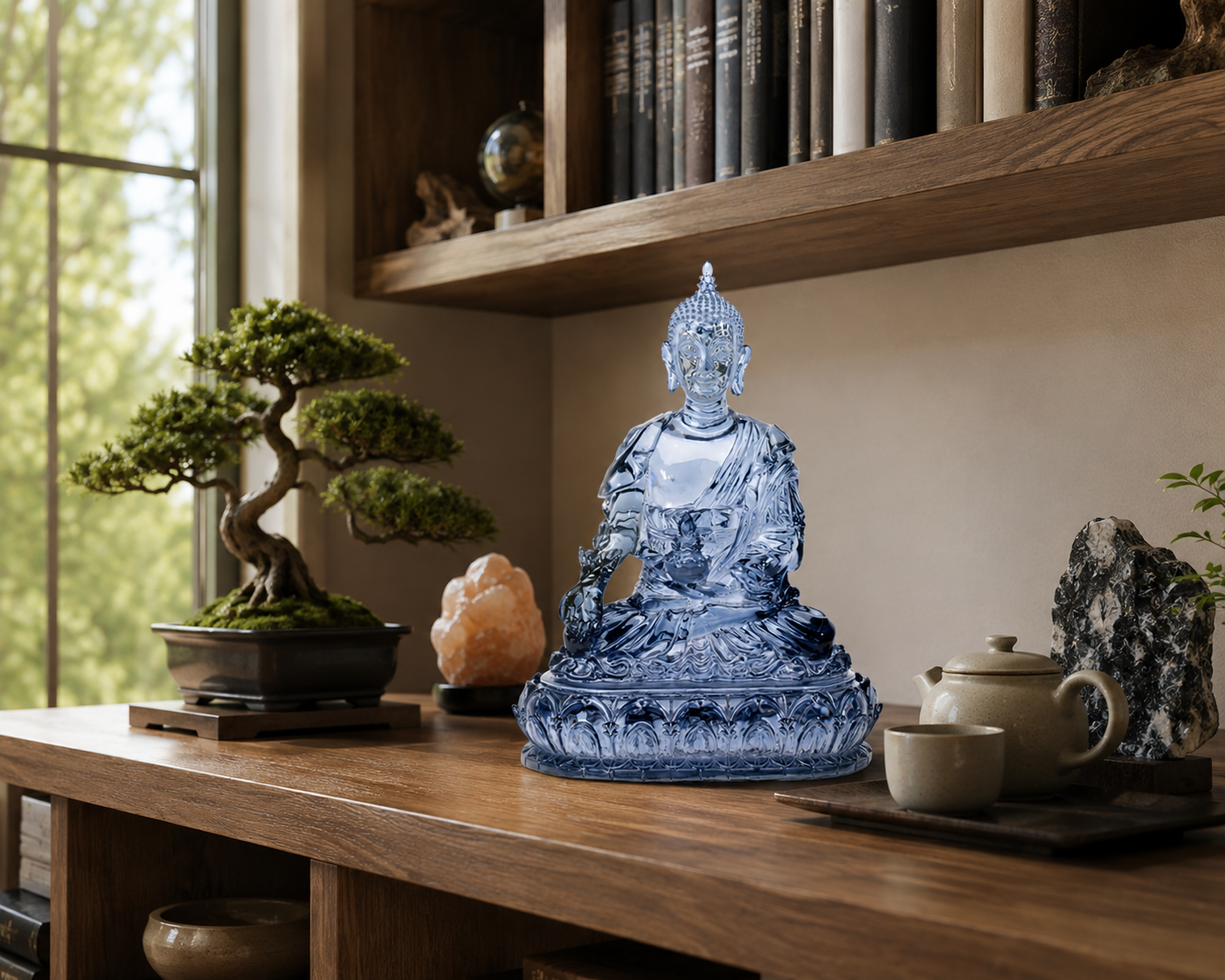Blue Medicine Buddha with Bonsai at Living Room