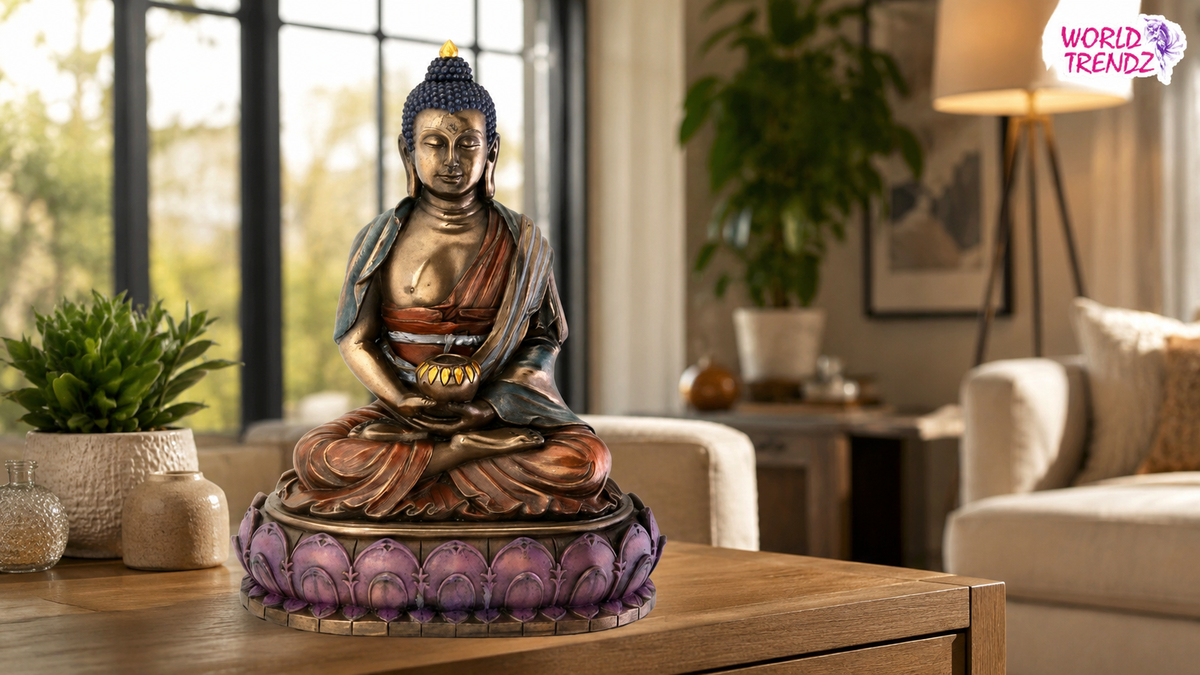 A seated Buddha Double Lotus Amitabha statue with a lotus base, displayed on a wooden table in a cozy living room setting. The statue features a blue head, gold-toned hands and chest, and draped robes in brown and blue, with a purple lotus pedestal.