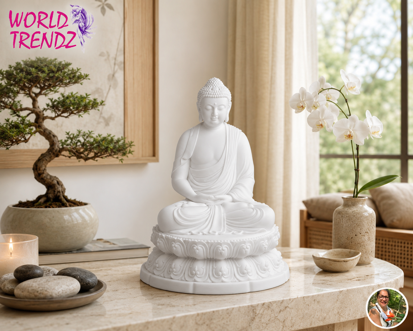 A white seated Buddha statue displayed on a marble countertop in a styled interior setting with a bonsai tree, white orchids, stones, and a candle. A 'WORLD TRENDZ' logo appears in the top-left corner.