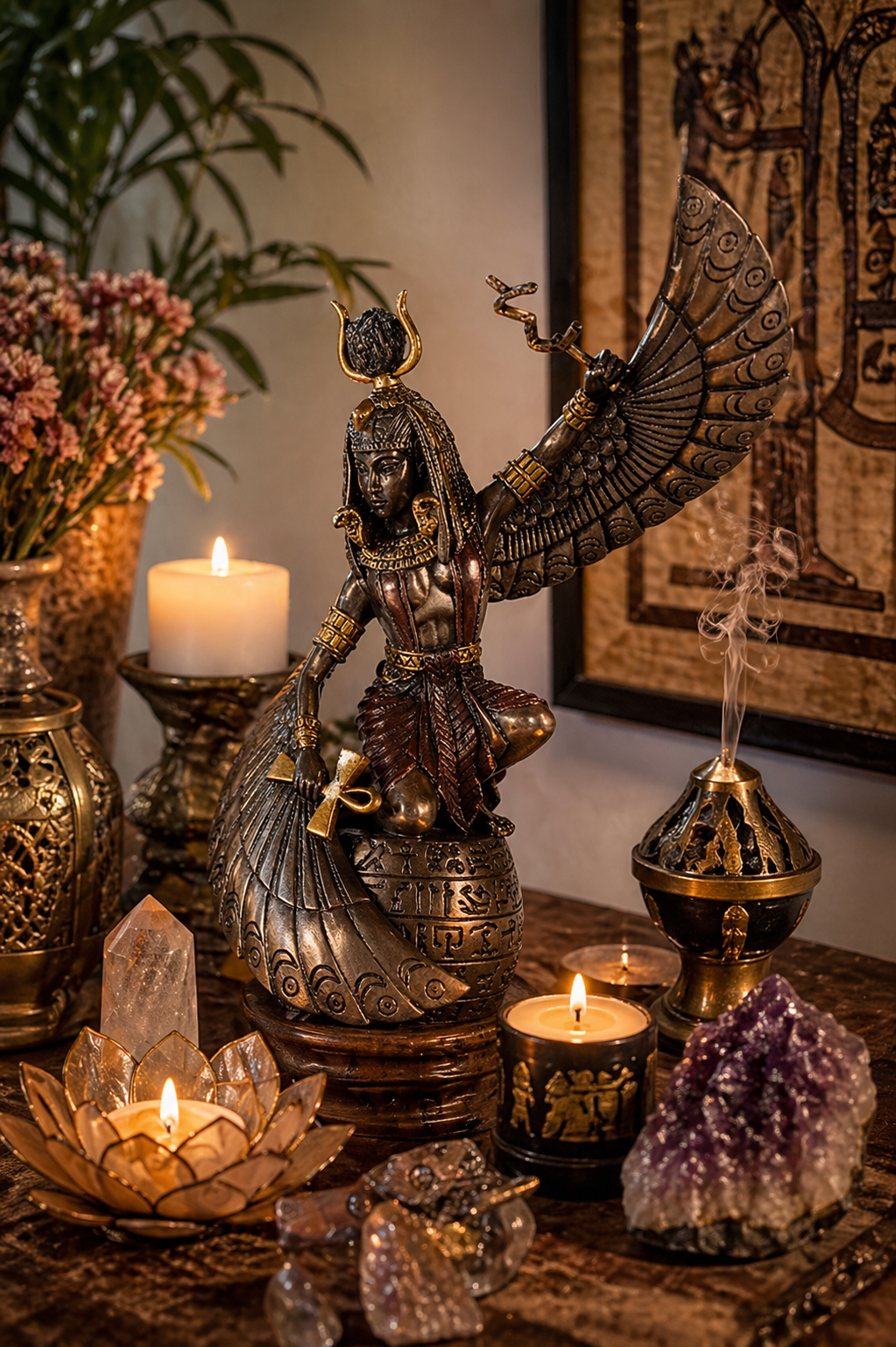 Decorative setup with Mother Isis statue, candles, and crystals on a table.
