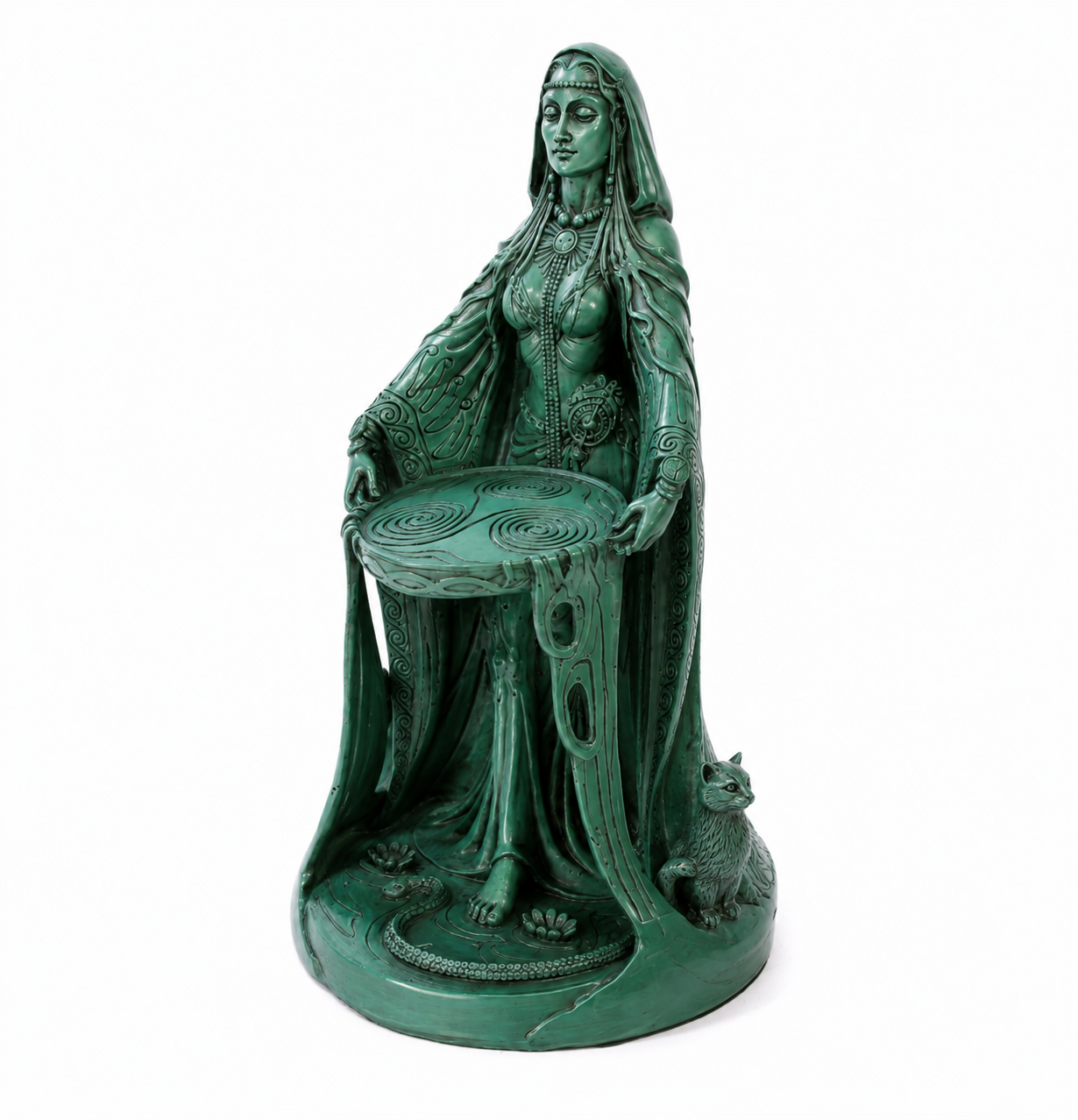 Goddess Danu statue captured from a right three-quarter perspective, preserving all original carvings, textures, spiral symbols, drapery, serpent base, and metallic patina.