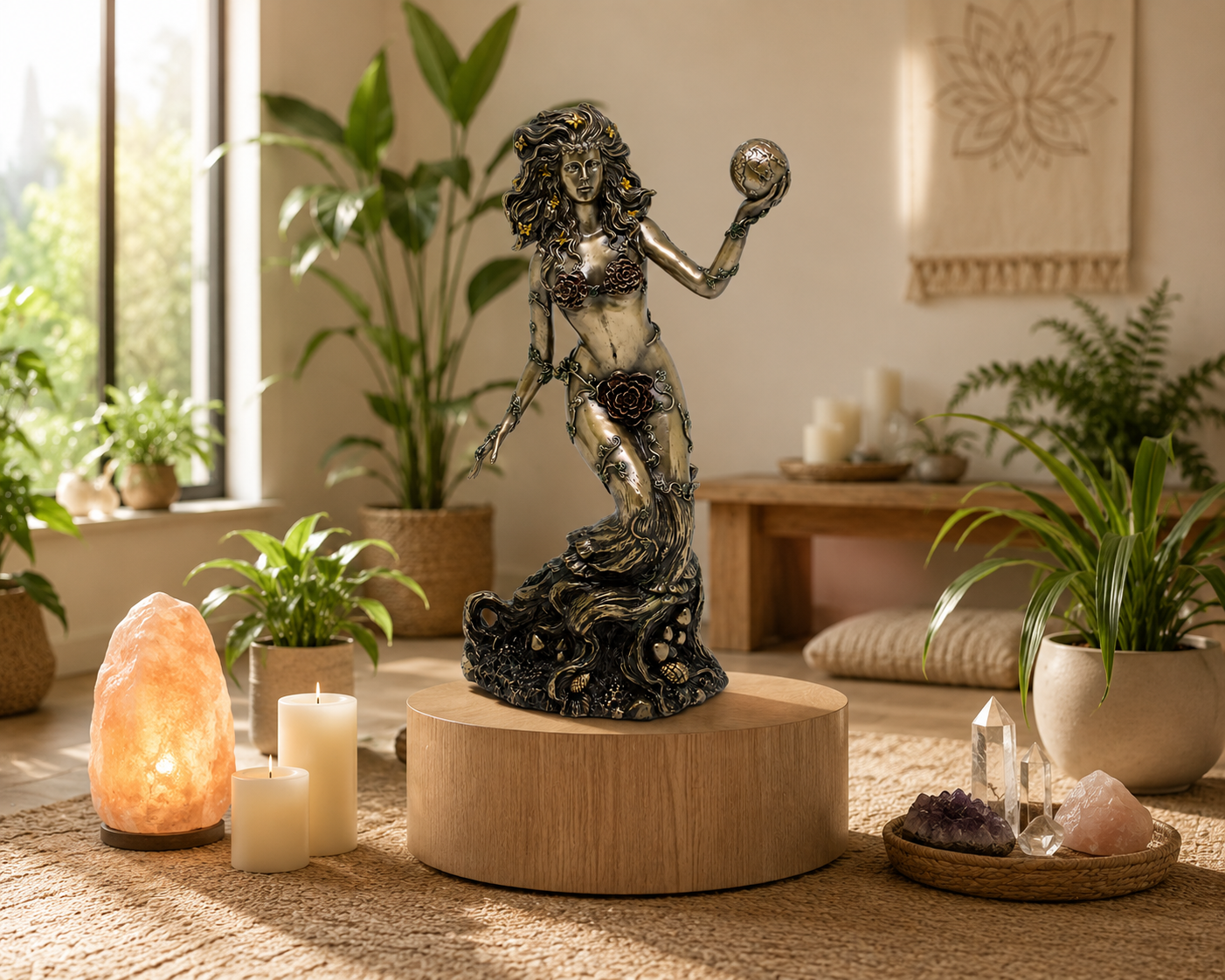 A metallic Goddess Gaia with a silver and black finish stands on a round wooden pedestal in a styled room setting with plants, candles, and crystals.