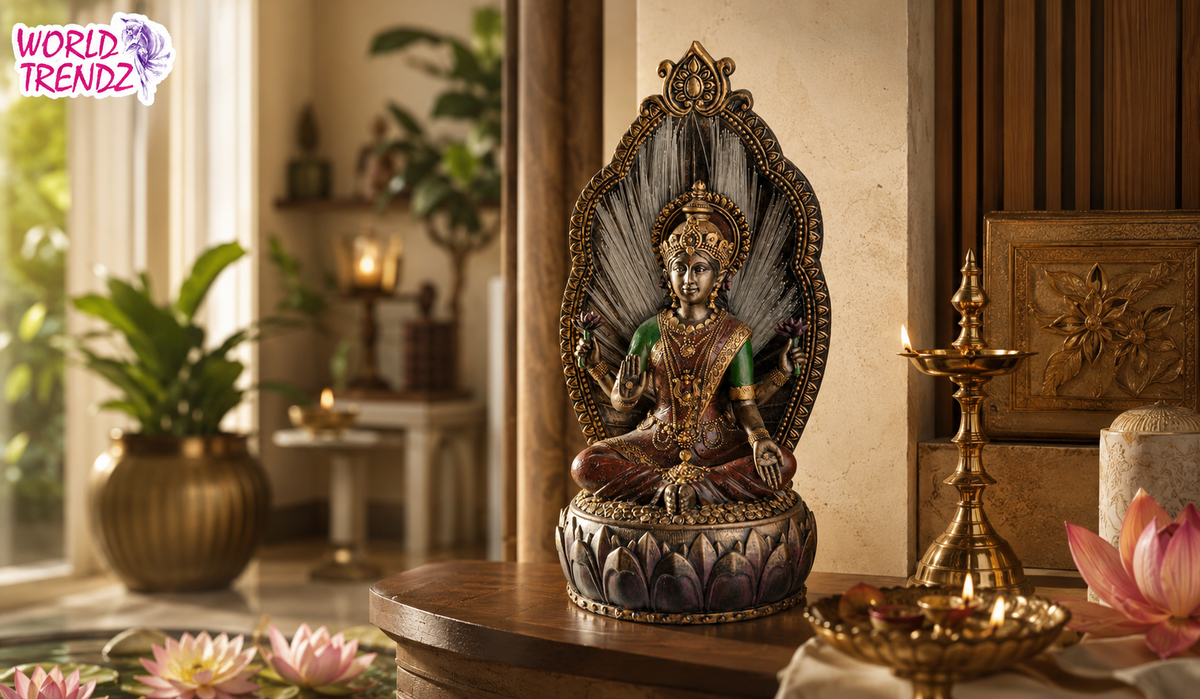 A decorative seated deity Lakshmi statue with an ornate halo and lotus base, displayed on a wooden table in a warm, styled interior with plants, lamps, and lotus flowers. A 'WORLD TRENDZ' logo appears in the top-left corner.
