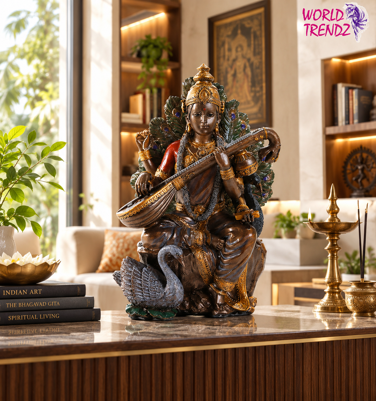 A bronze-finished statue of Goddess Saraswati seated on a peacock, decorated with gold accents and a red shawl, displayed on a marble-topped table in a modern, well-lit living room.
