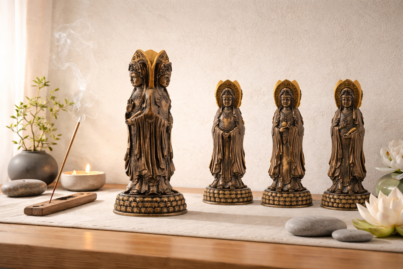 3 Faced Kuanyin statue on a table with a candle and incense stick in a serene setting.