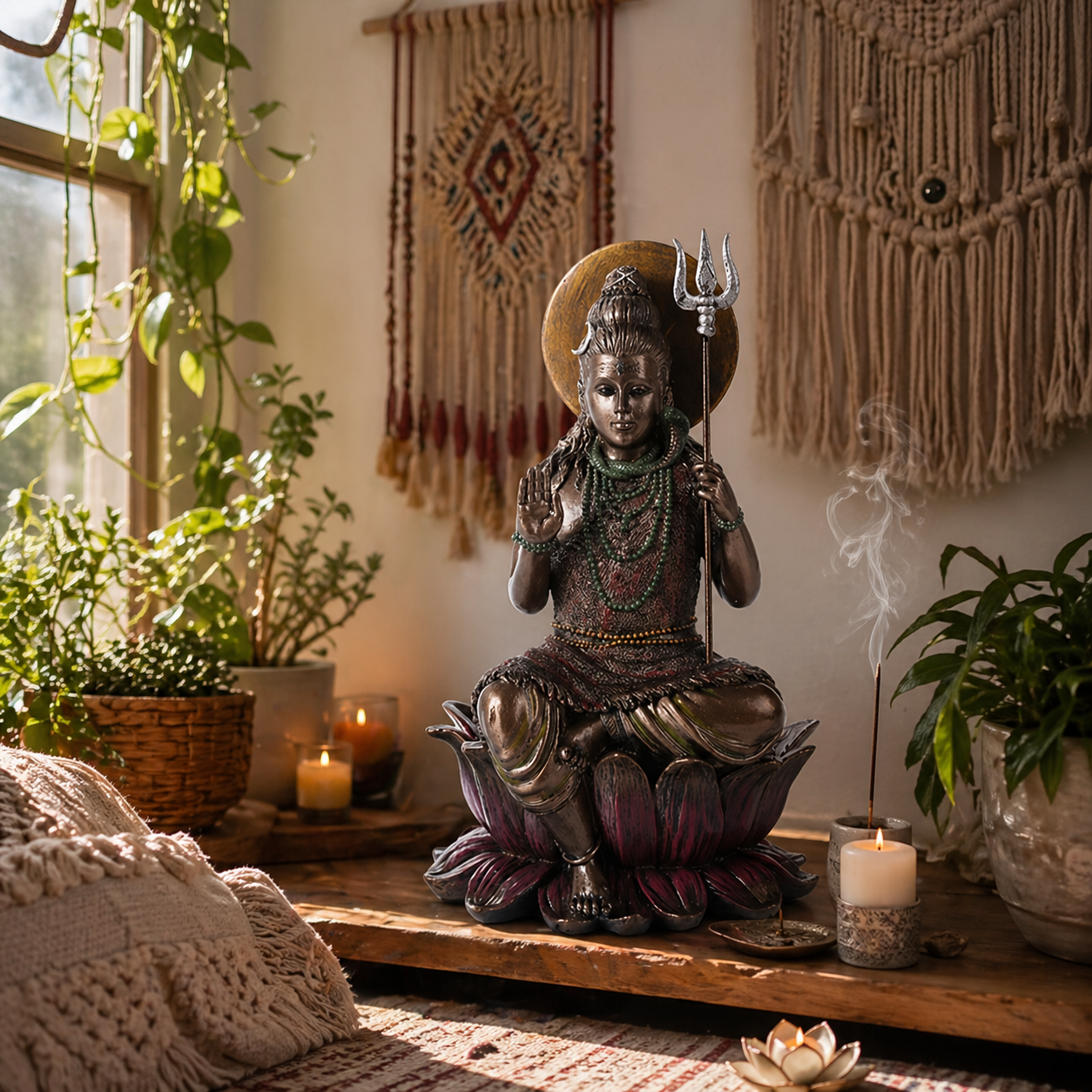 Decorative statue of a seated Shiva with a trident in a room with plants and candles.