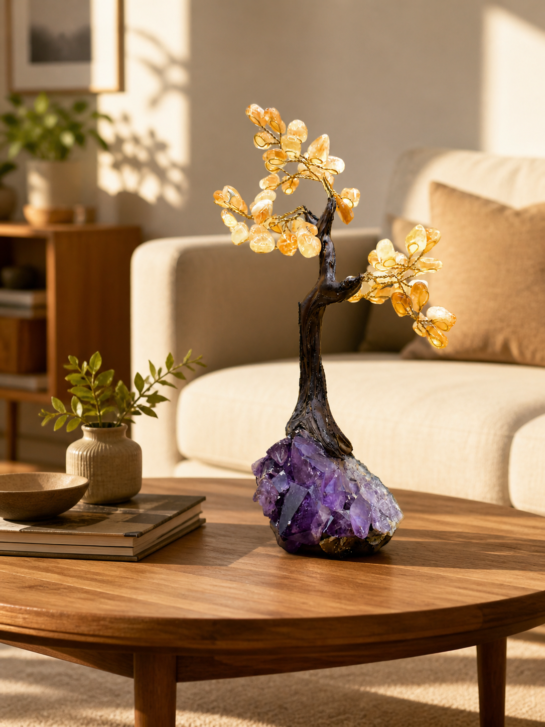 A minimalist living room scene where a person has placed the citrine gemstone tree on a wooden coffee table as a centerpiece, soft sunlight highlighting the golden stones and purple base, creating a warm and elegant atmosphere.