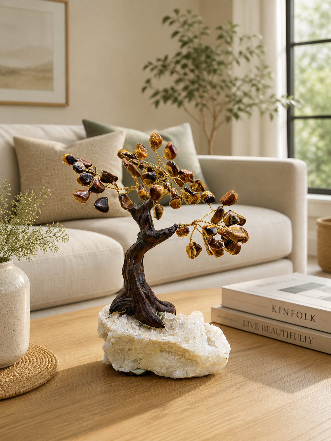 Tiger eye gemstone tree sculpture on a modern living room coffee table, surrounded by soft natural light from a nearby window.