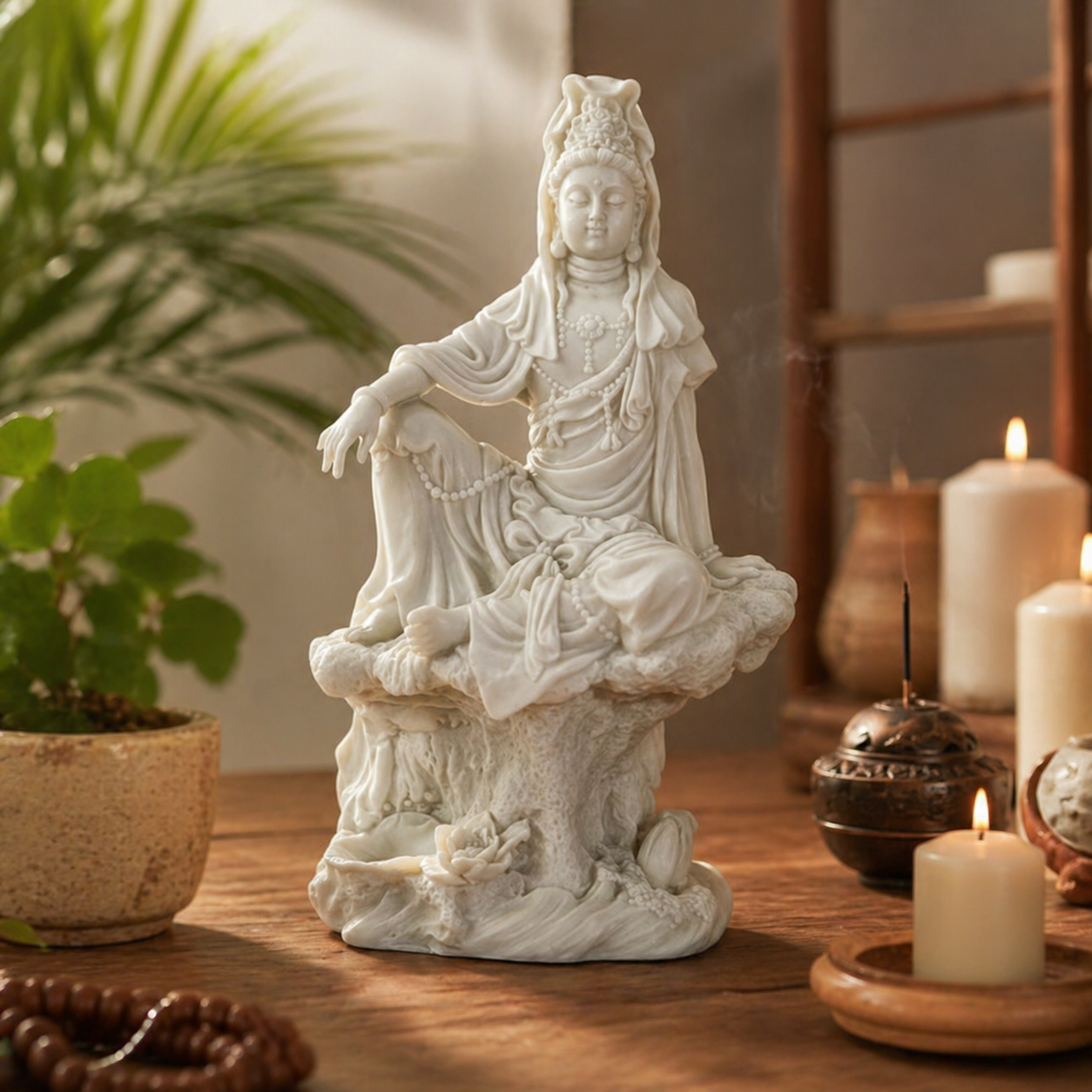 White statue of Kuan Yin on a wooden table with candles and plants in the background