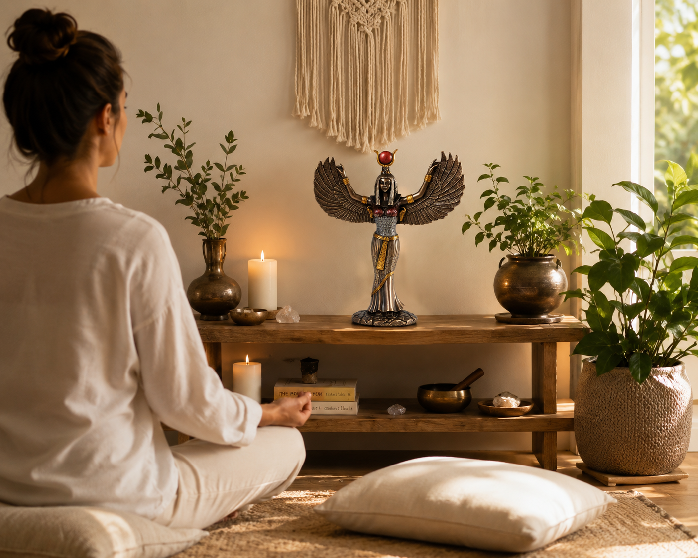 Woman meditating in a serene room with plants and a statue of Isis Mythological Bronze Finish