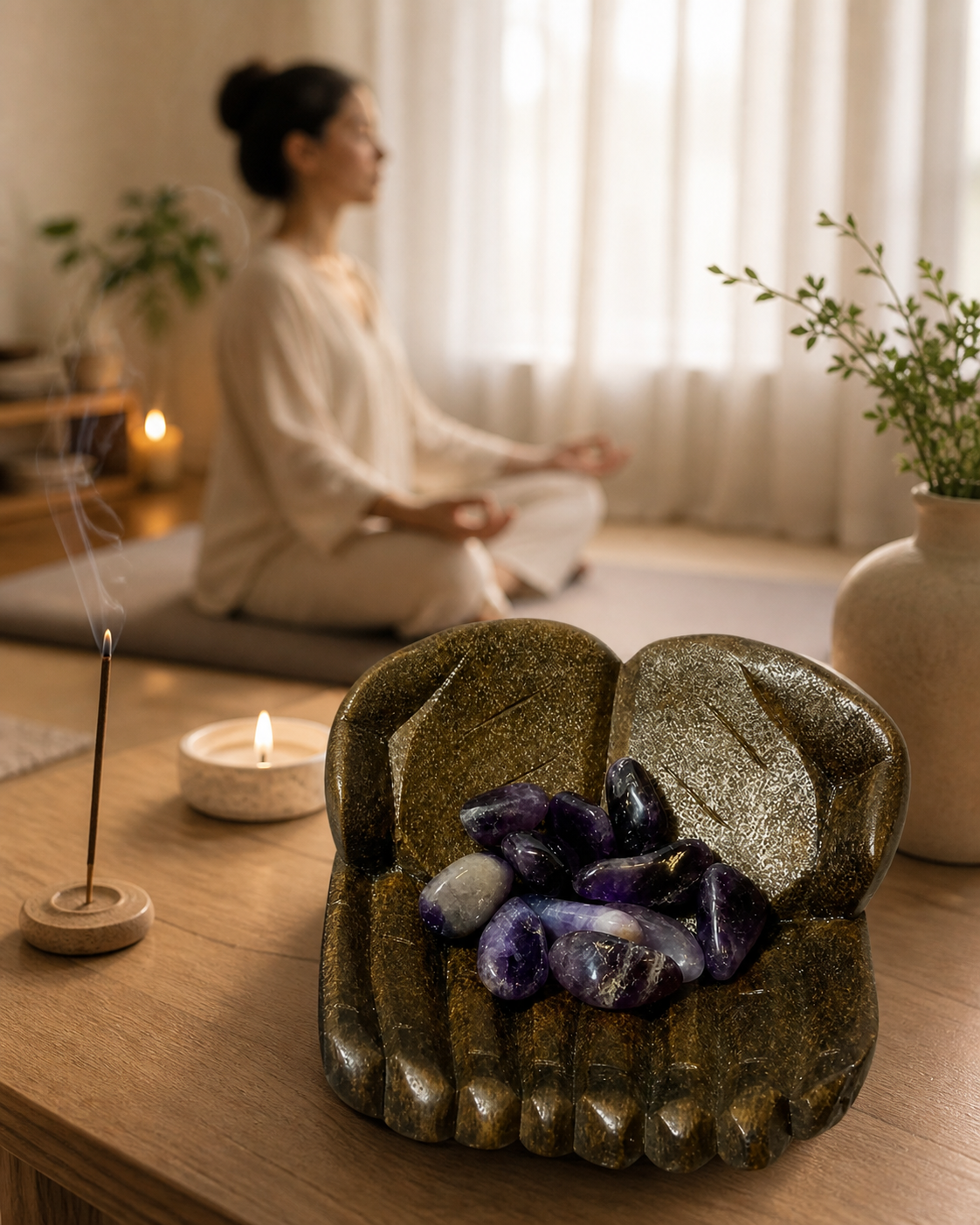 A calm, serene setting with soft natural light filtering through sheer curtains. The carved hand-shaped bowl filled with ametrine stones is placed on a minimal wooden table beside a lit incense stick and a meditation cushion. A person sits cross-legged in the background, slightly out of focus, suggesting a peaceful meditation session. Warm tones, gentle shadows, and a tranquil atmosphere.