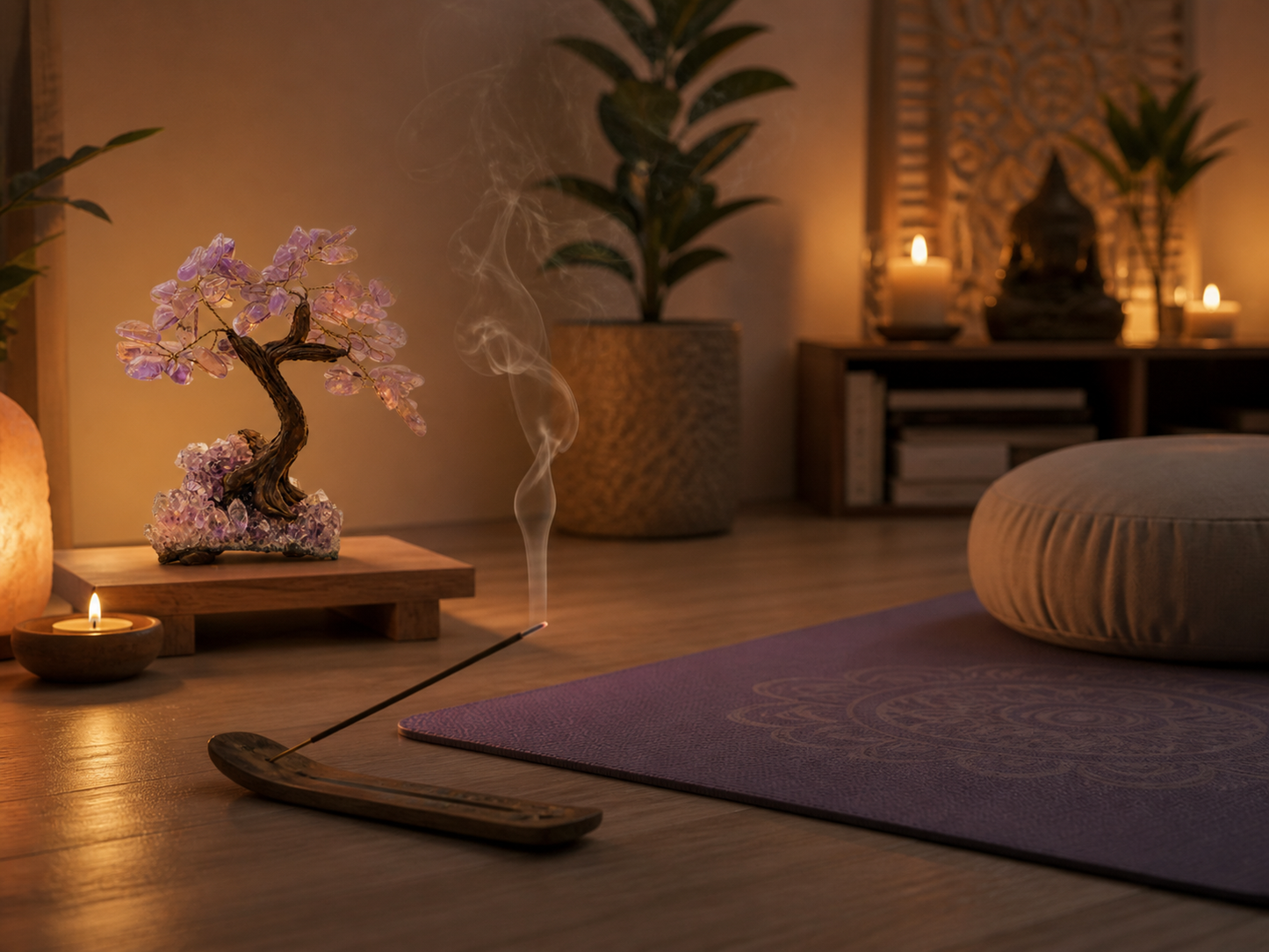 A tranquil meditation space with a yoga mat, incense holder, and soft floor cushions. The amethyst gemstone tree is placed on a small wooden altar or platform. Warm ambient lighting with a hint of candle glow creates a peaceful, spiritual atmosphere. Slight haze from incense adds depth, emphasizing relaxation and mindfulness.