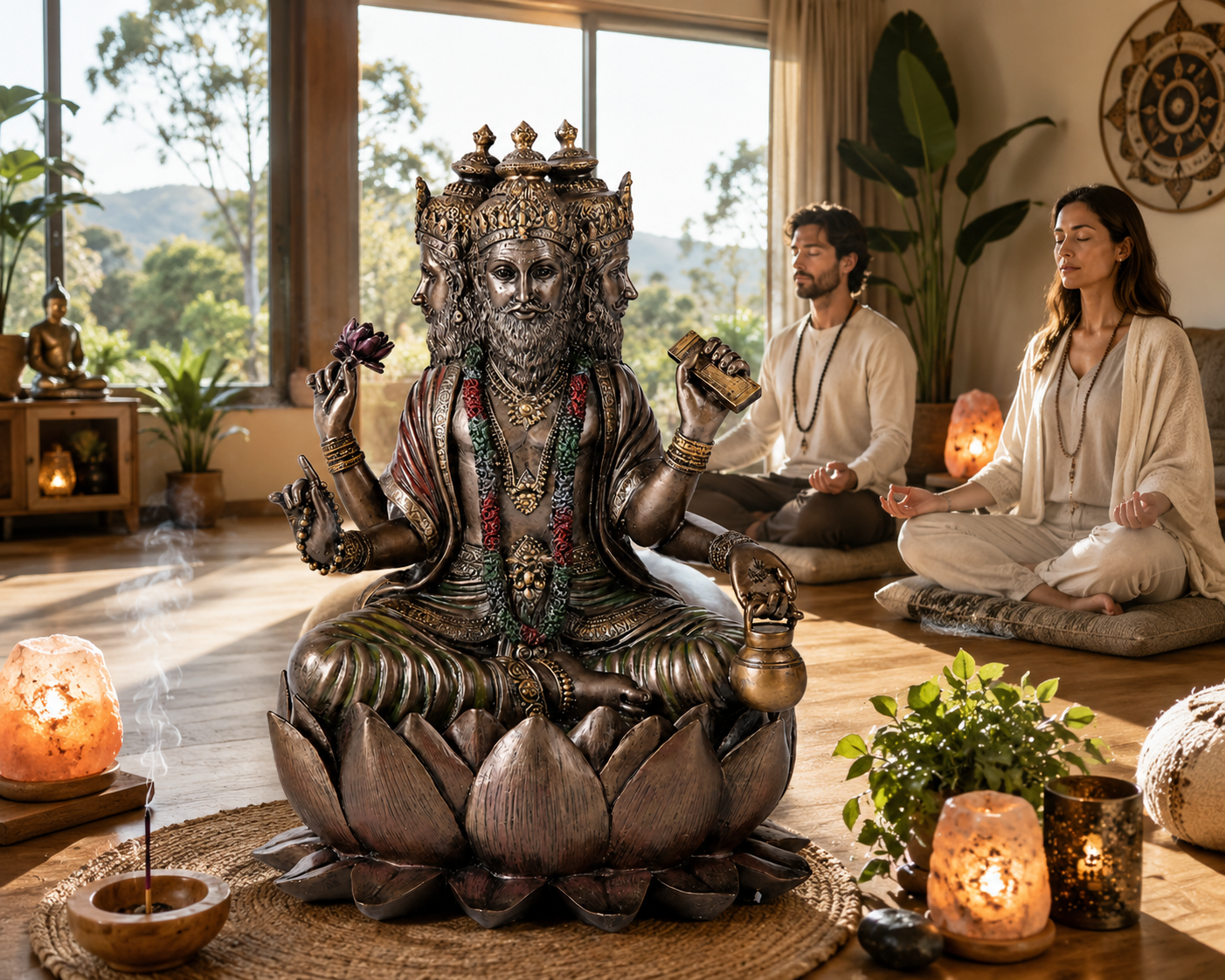 Decorative statue of Brahma a seated figure with intricate details in a meditative setting.