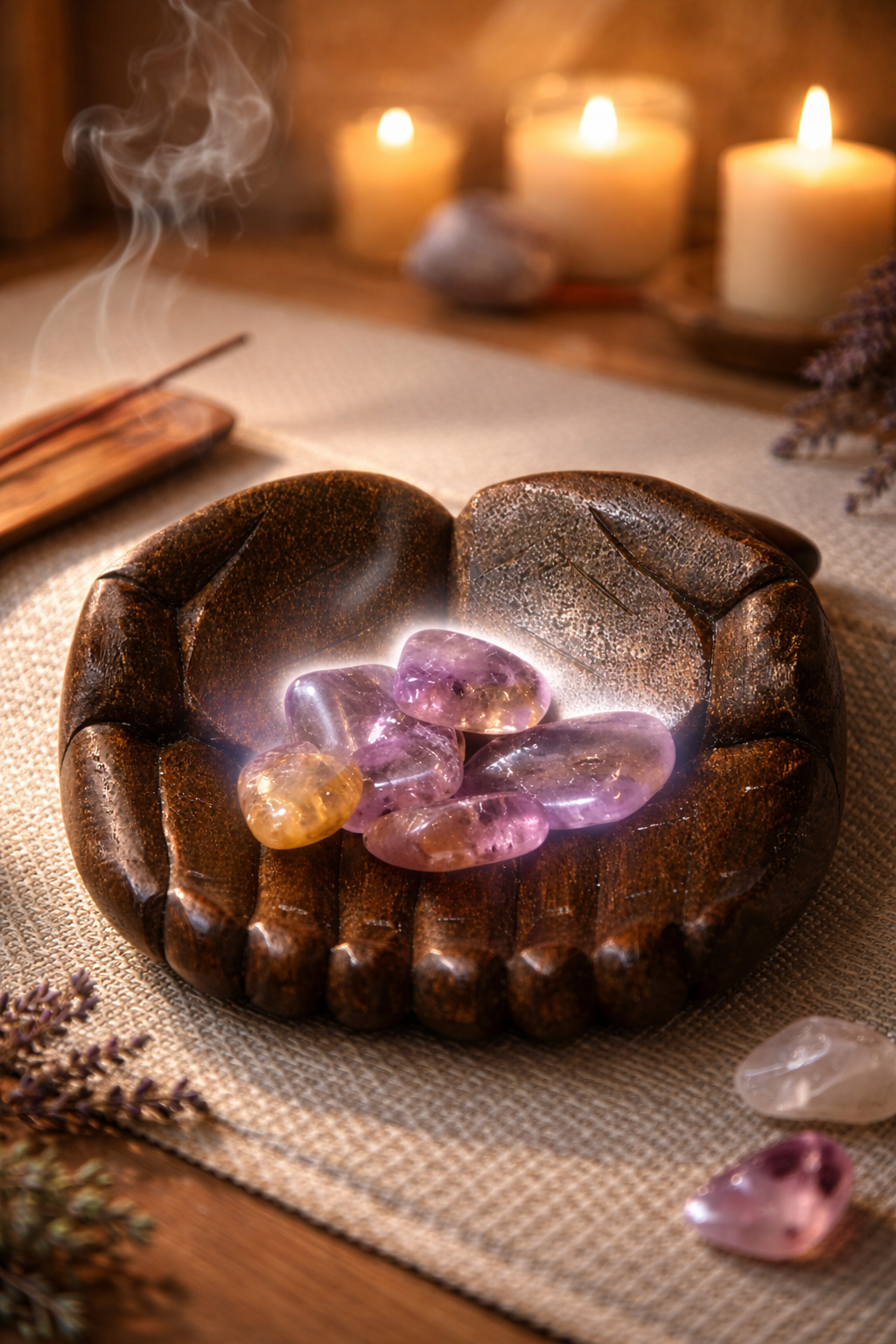 Calm, spiritual, and grounding—soft golden tones with subtle highlights on the ametrine crystals.