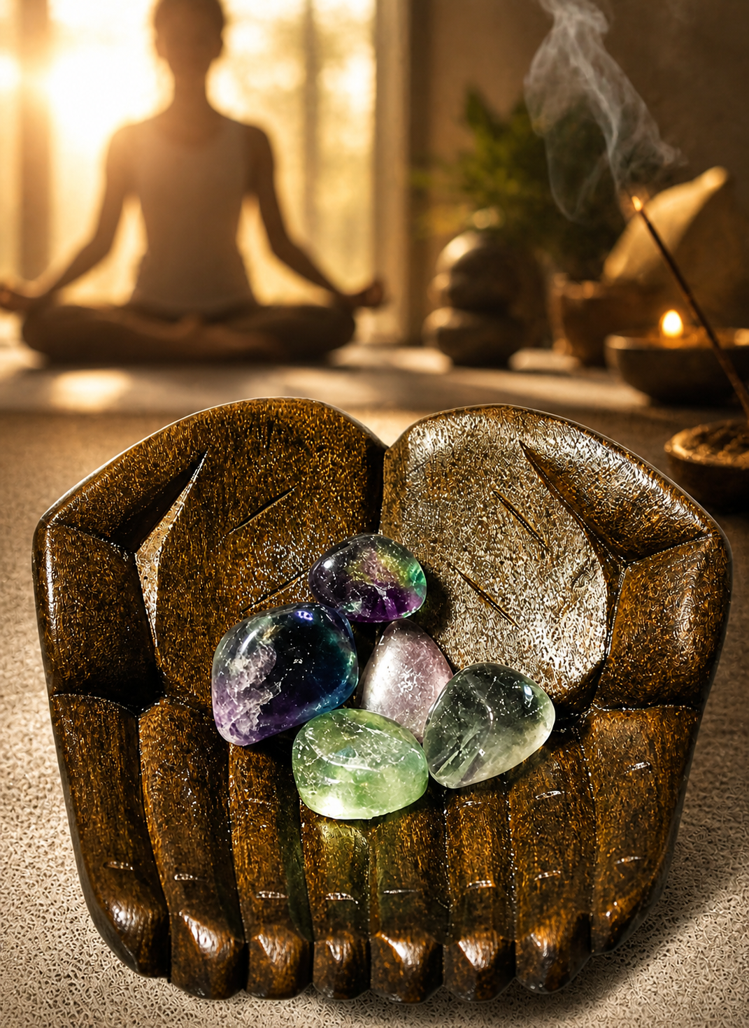 Fluorite stones in the carved wooden hands as the focal point.