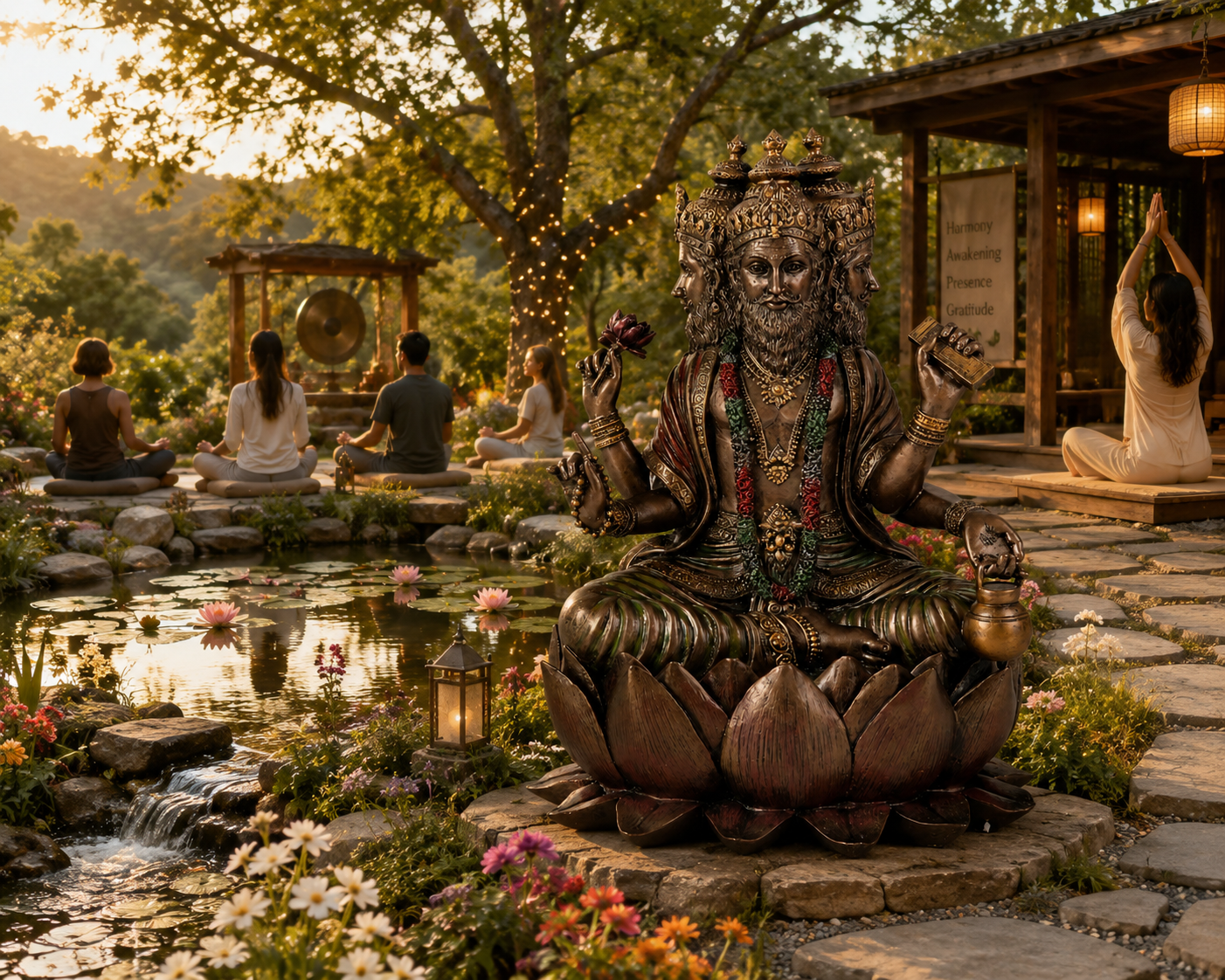 Statue of Brahma a deity in a meditative pose with people practicing yoga and meditation in a serene outdoor setting.