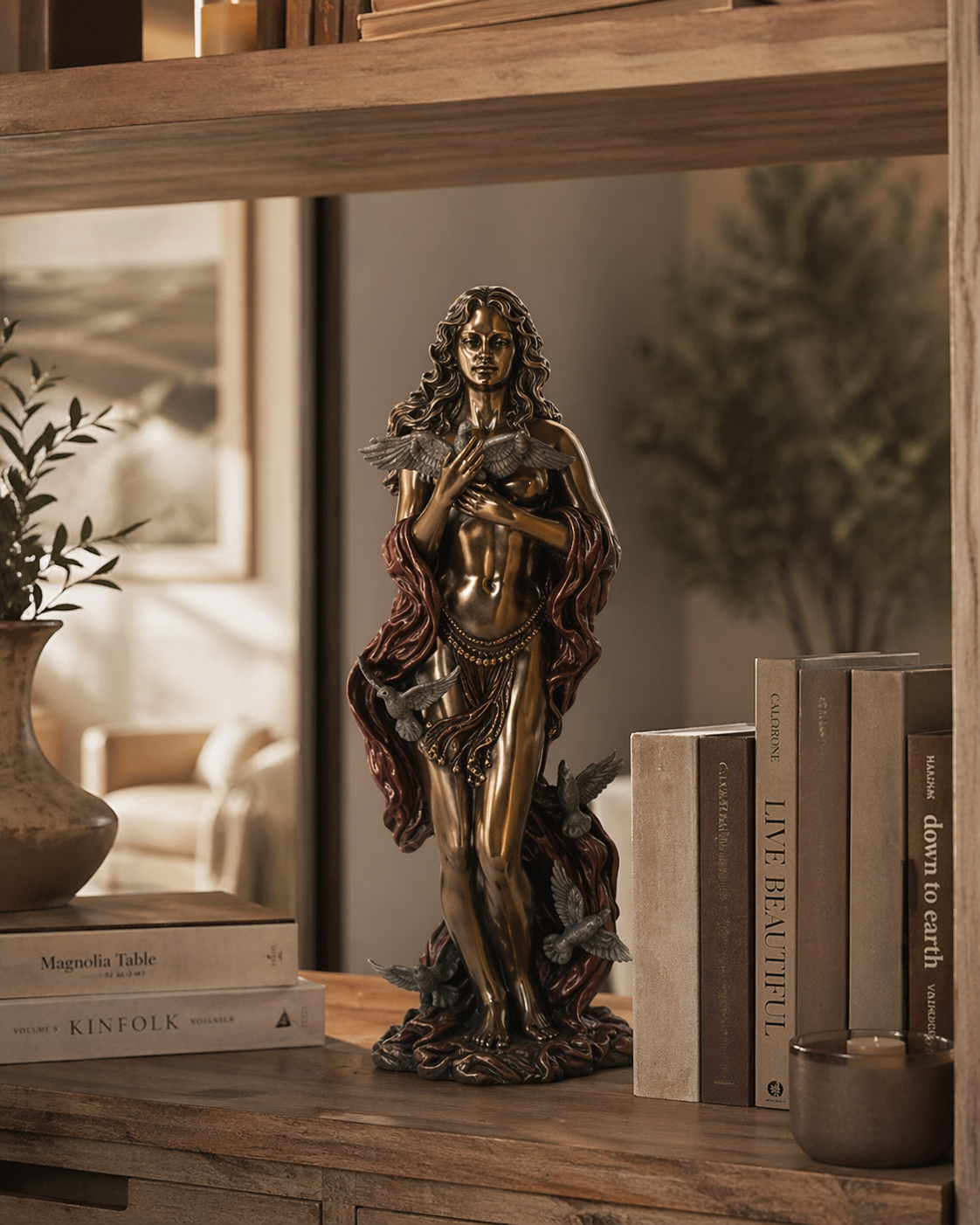 Bronze statue of Aphrodite holding dove on a wooden shelf with books and decor.