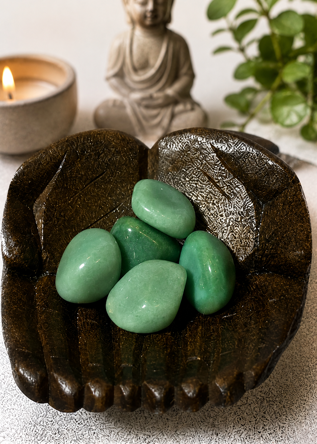 A close-up of polished green aventurine gemstones resting in a carved wooden hand-shaped bowl, symbolizing calm and grounding energy. The scene represents a user incorporating the stones into a daily meditation practice, focusing on inner peace and emotional balance. Soft, natural lighting enhances the tranquil mood while preserving the original composition.