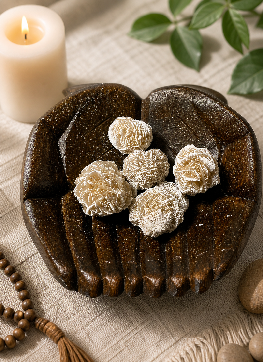 A serene, minimalist scene featuring desert rose crystals placed in a carved wooden hand-shaped bowl, symbolizing grounding and inner peace. Soft natural lighting enhances the intricate petal-like mineral textures, suggesting their use in meditation, energy balancing, and mindfulness rituals. Neutral fabric background reinforces calm and simplicity.