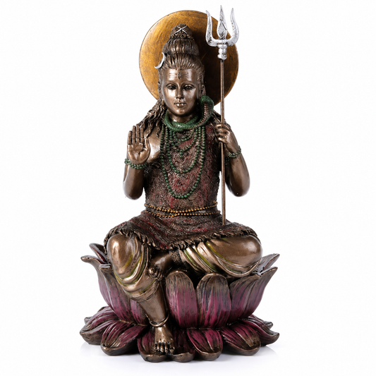 Statue of a seated Shiva with a trident on a lotus flower, on a white background