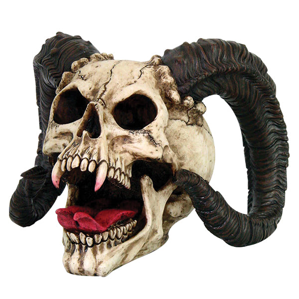 Skull of the Horned Beast Statue – Detailed Ram-Horned Skull with Vampire Fangs – Cold Cast Resin Nightmare Creature Sculpture 5