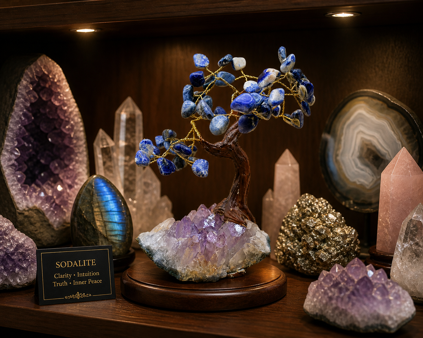 Sodalite tree among other crystals and minerals on a collector’s shelf, with soft spotlighting to emphasize its intricate craftsmanship and vibrant blue stones within a curated display.