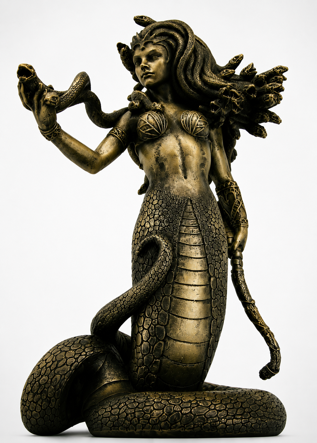 Bronze statue of a mythical creature Medusa with humanoid upper body and snake-like lower body on a white background