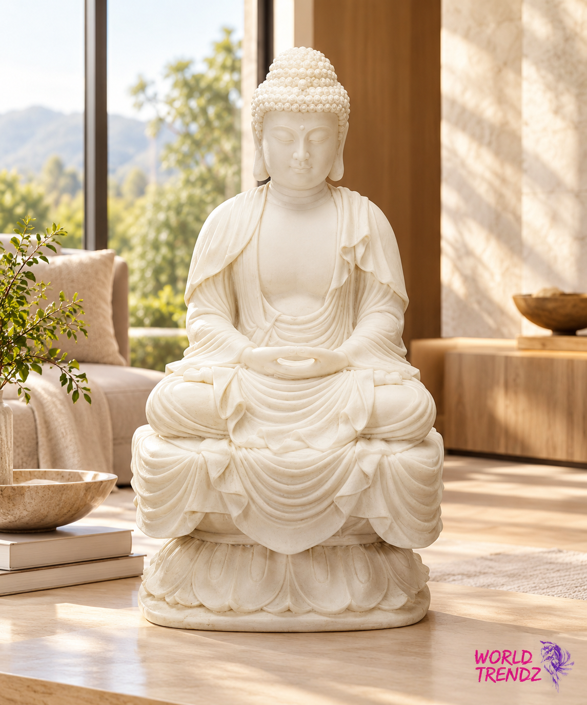 A large white seated Cream Tara Buddha statue with detailed draped robes and a lotus base, displayed on a wooden table in a modern, sunlit living room interior