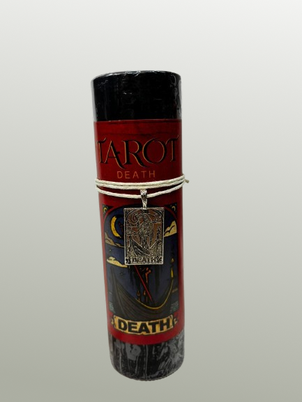 Candle wrapped in red and black packaging with 'Tarot Death' text on a light gray background