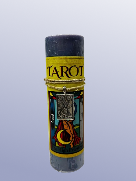 Candle wrapped in tarot card design paper with 'Tarot The High Pristess' text on a light gray background