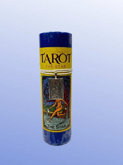 Tarot-themed The Star candle with blue and yellow label on a light purple background