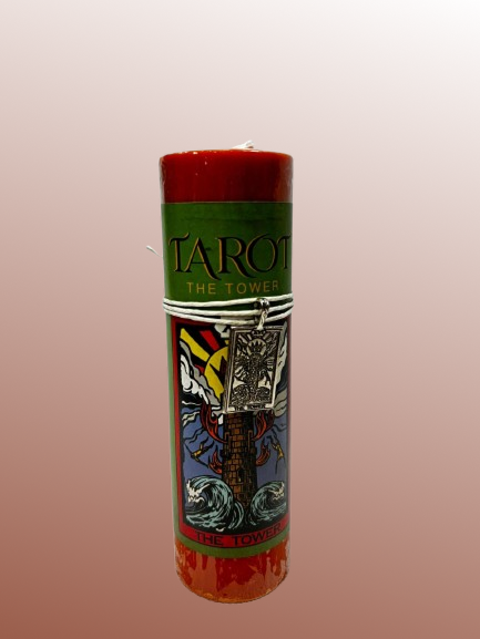 Tarot card The Tower packaging with a red top and colorful design on a beige background