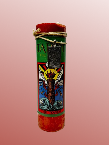 Candle with Tarot card design on a pink background
