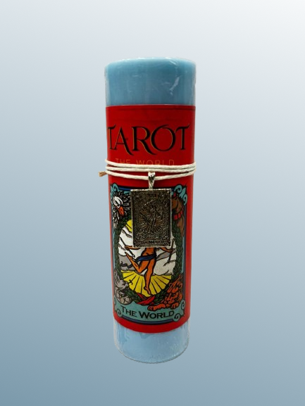Candle with Tarot design on a light gray background