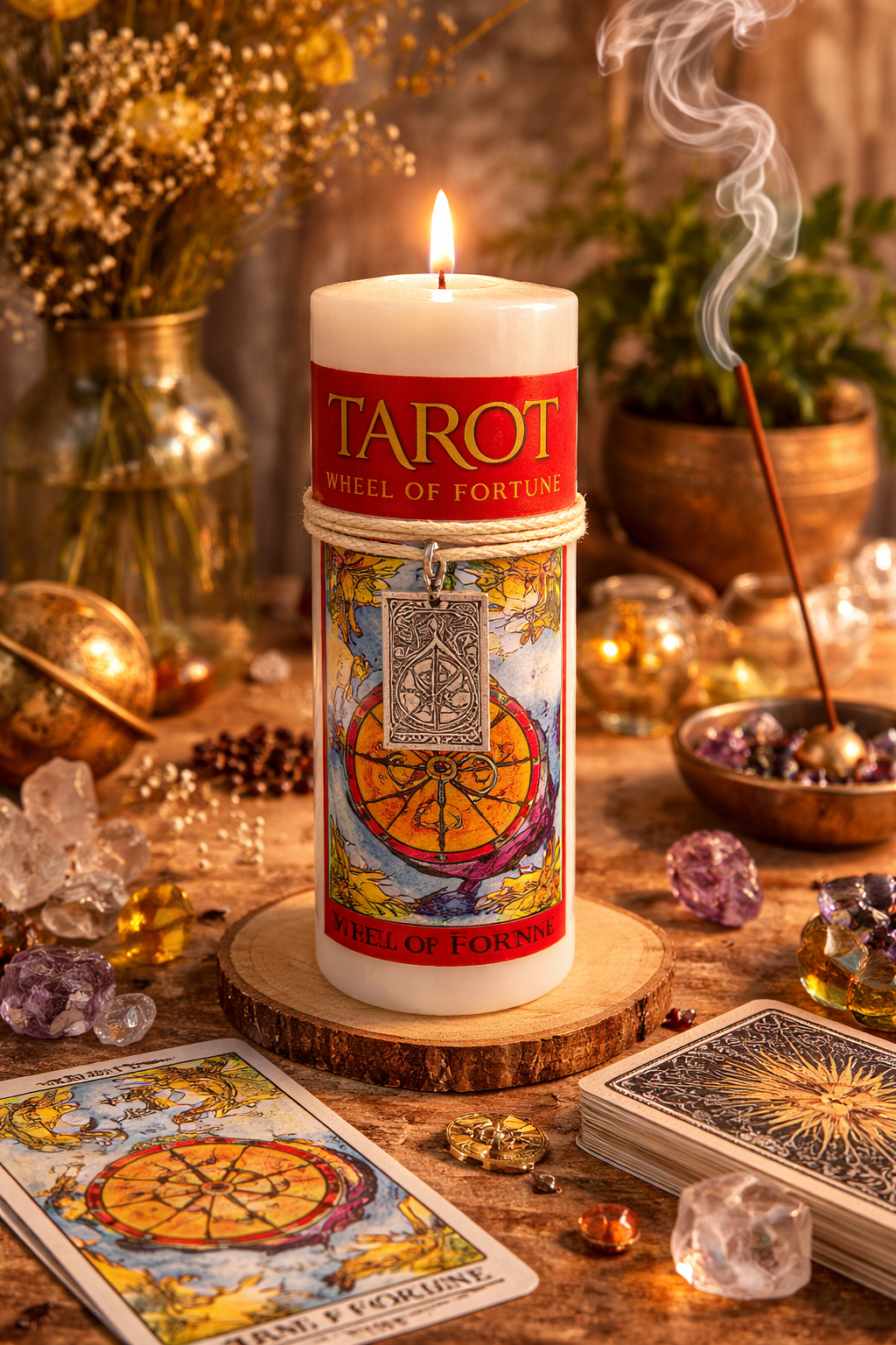 Tarot candle with tarot cards and crystals on a wooden table