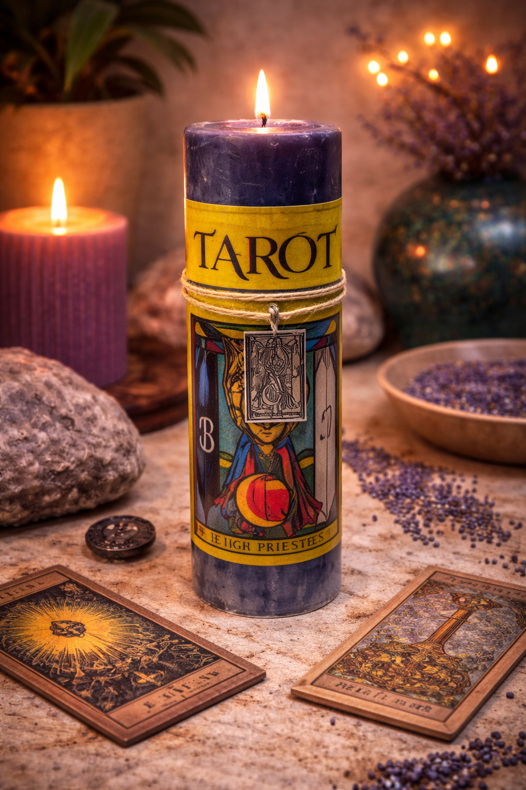 Tarot-themed candle with tarot cards and lavender on a wooden surface