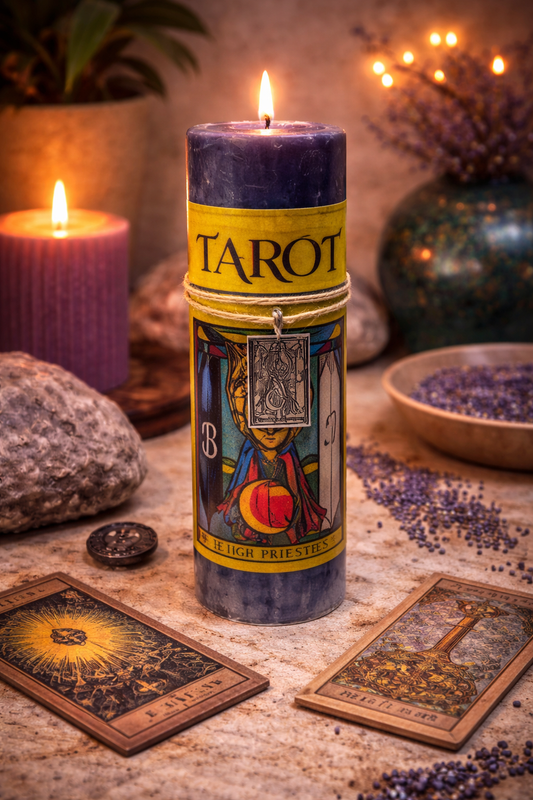 Tarot-themed candle with tarot cards and lavender on a wooden surface