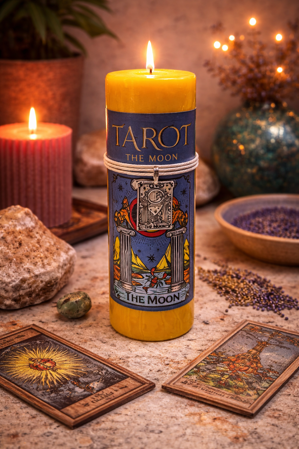 Tarot-themed candle with cards and crystals on a mystical table setting