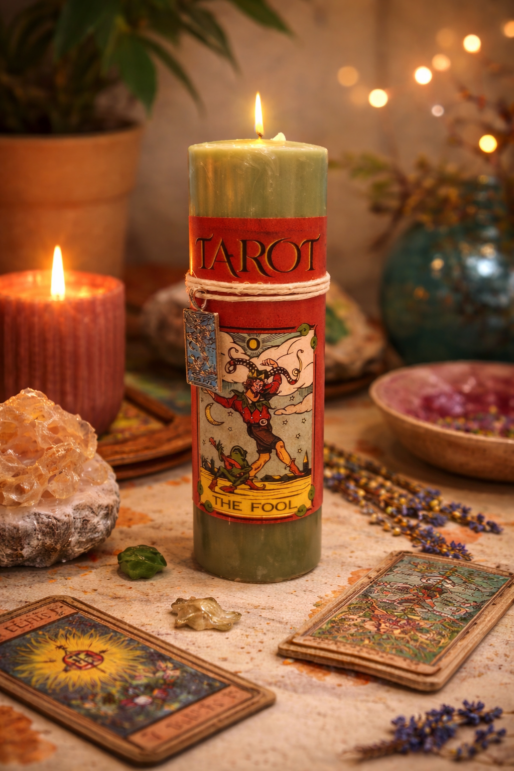 Tarot-themed candle with tarot cards and crystals on a mystical table setting.