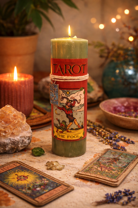 Tarot-themed candle with tarot cards and crystals on a mystical table setting.