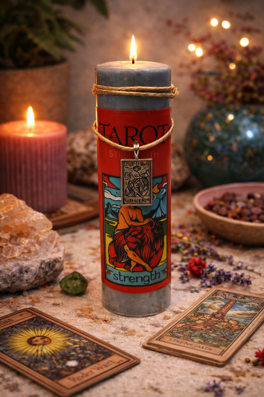 Tarot-themed candle with tarot cards, crystals, and flowers on a table.