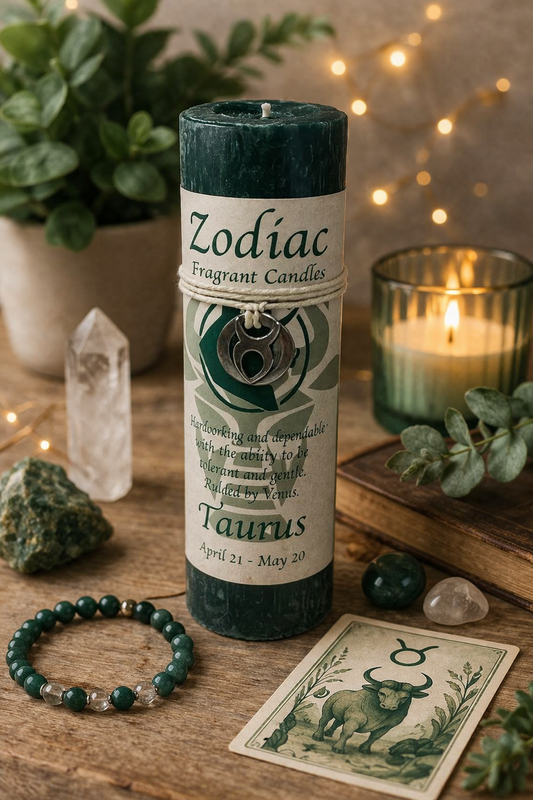 Zodiac Taurus candle on a wooden surface with crystals, plants, and a card.