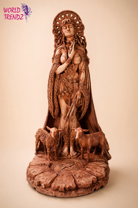 An intricately carved statue of the Goddess Brigid with a halo, standing on a round textured base with sheep at her feet, photographed against a solid beige background.