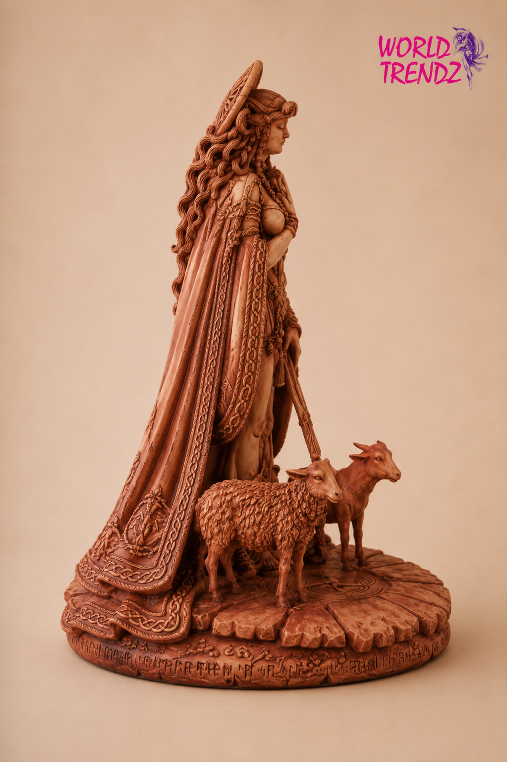 A detailed brown carve Goddess Brigid with long hair holding a staff, accompanied by two sheep, set against a solid beige background. A 'WORLD TRENDZ' logo is visible in the top right corner.