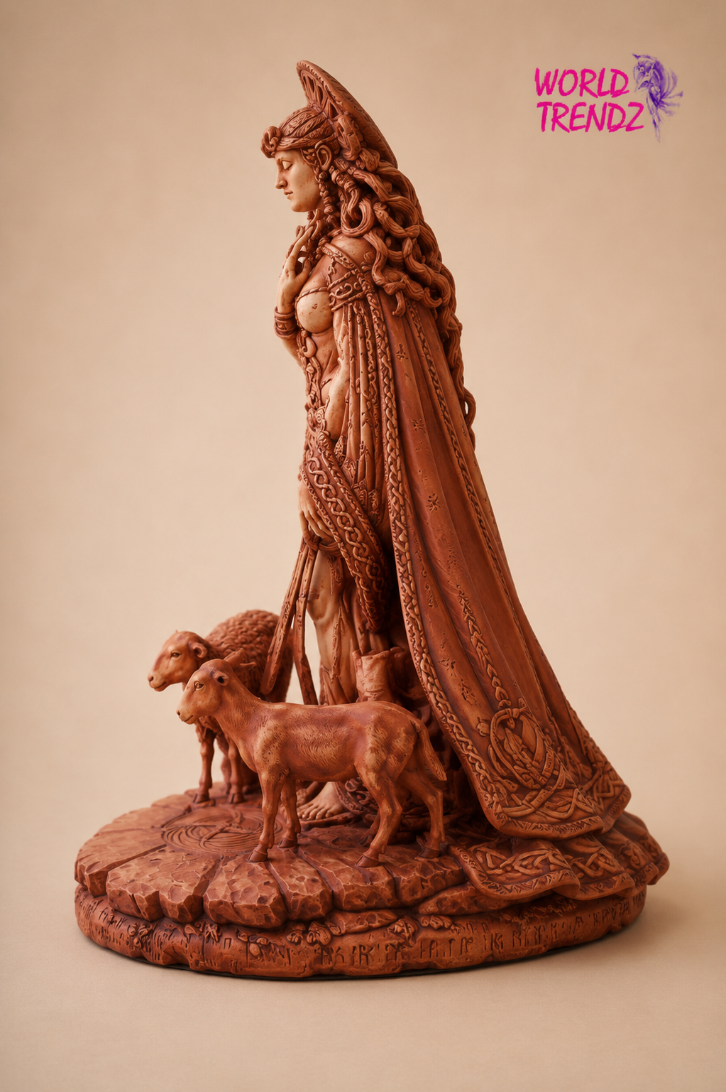 A detailed sculpture of Goddess Brigid with long braided hair, draped in a flowing cloak, standing beside two small lambs on a round textured base. The sculpture is crafted from reddish-brown wood and photographed against a solid beige background.